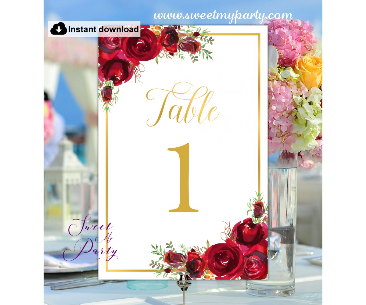 Red Roses Table Numbers printable template, (16w)